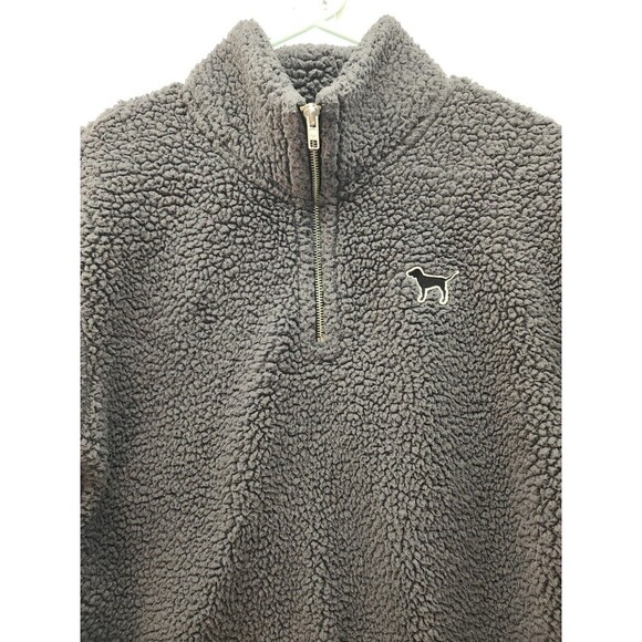 Victoria's Secret PINK Teddy Bear Gray Sherpa Women XS Sweater 1/4 Zip Pullover - Picture 2 of 11